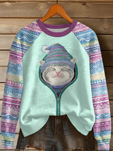 Damen-Katzen-Kunstdruck-Freizeit-Sweatshirt